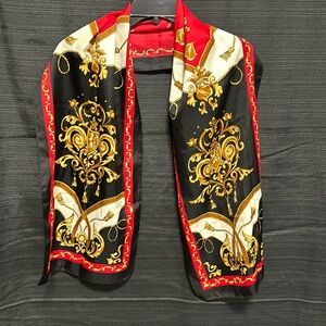 SCARF long rectangle 51x10" black red gold, coat of arms crest tassel poly-satin